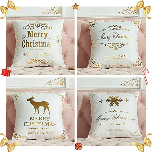 TOLOYE Weihnachten Kissenbezug 4 Stück Weißes Gold, Frohe Weihnachten Kissenhülle für Zuhause und Sofa, Schlafzimmer Dekoration, Weihnachten Geschenk für Frauen, 45 x 45 cm (Weißes Gold)