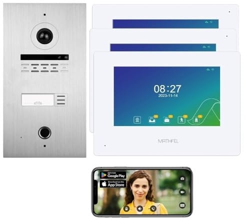 Mathfel 1 Familienhaus 2 Draht Bus WLAN Video-Türsprechanlage, 3x7 Zoll Monitor mit Full HD 2 Megapixel 170 Grad Weitwinkelkamera -Außenstation in Silber mit RFID und Fingerprint