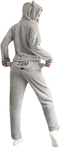 Minetom Pigiama Donna Invernale Lungo di Pile Pigiami Due Pezzi Gatto Carino Maniche Lunghe Felpa con Cappuccio e Pantaloni