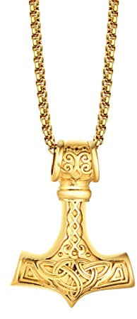 FLHEART Thor's Hammer Halskette Herren - Edelstahl Mjolnir Thor's Hammer Runic Anhänger Viking Norse Halskette mit 24 Rolo Kette, Nordic Schutz Amulett Schmuck Geschenk für ihn,Gold