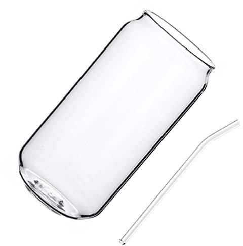 Can Shaped Glass Cups- 17oz Clear Drinking Glasses with Glass Straw- Iced Coffee Cup Cute Glass Tumbler for Whiskey Wine Soda Juice Cocktail Beverage