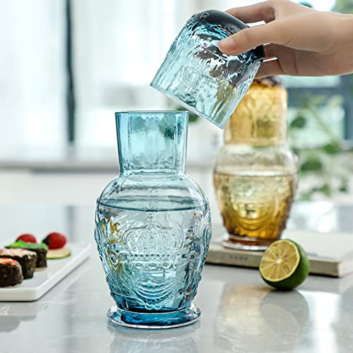 Plcnn Juego de jarra de agua y vaso de cristal para mesita de noche de 25 onzas, jarra de agua transparente con vaso de agua transparente y juego de noche (Azul)
