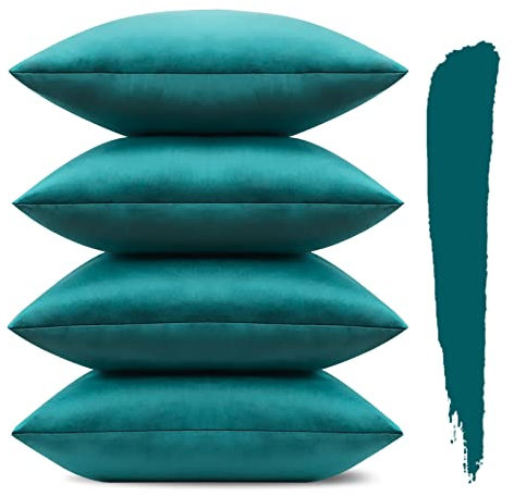 Sungeek 4er Set Samt Kissenbezüge 45x45 cm, Dekorativ Zierkissenbezüge Weich Kissenbezug Dekokissen Sofakissen Couchkissen Deko Bezug Kissenhülle für Sofa Schlafzimmer Wohnzimmer (Blau Grün)