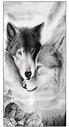 Zomer Strandtuch groß 90x180 cm Schnelltrocknendes Mikrofaser Bedrucktes mit Schwarzer und weißer Wolf Motiv