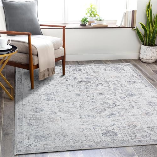 TOPICK Teppich Kurzflor 90x150cm Grau Chenille Vintage Faltbar Suppedünner Waschbar Retro Teppiche Blumen Boho rutschfeste für Innenbereich Küche Wohnzimmer Schlafzimmer Kinderzimmer