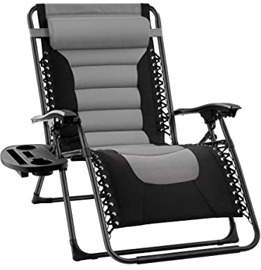 Aafan Extra Wide Zero Gravity Chair Sun Lounger Folding Garden Recliner With Padded Seat Heavy Duty Adjustable Camping Reclining Chairs with Cup Holder (Grey)