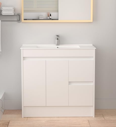 Robanmoa 900mm Bathroom Vanity Unit with Basin Freestanding Bathroom Storage Cabinet Unit Waterproof Cupboard Furniture White Ceramic Sink 2 Drawers Floor Standing Basin Vanity Units