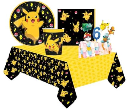 Kit compleanno per 8 persone con picks torta e candelina numerale festa a tema personaggio a scelta per bambini e ragazzi angolo torta allestimento tavolo n. 82 (Pok-emon)