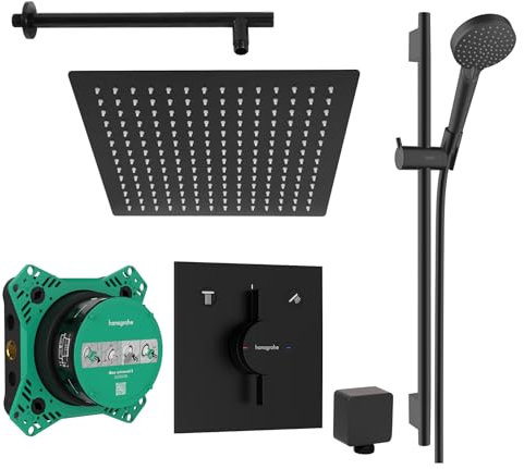 vanvilla Duschsystem mit Unterputz Duscharmatur von Hansgrohe Duo Turn E und vanvilla Regendusche mit Armatur, Duschkopf eckig, Dusch-SET HGS211 schwarz matt