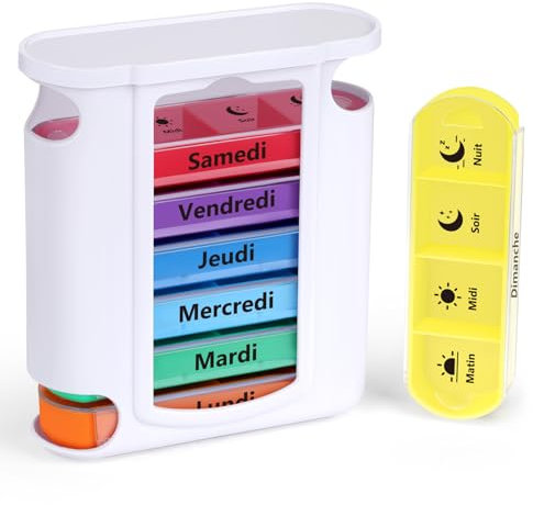 Opret Pilulier Semainier Français (Matin, Midi, Soir et Nuit) - Empilables Tour à Médicaments 7 Jours 28 Compartiments 4 Fois, pour Vitamines Suppléments Pilules