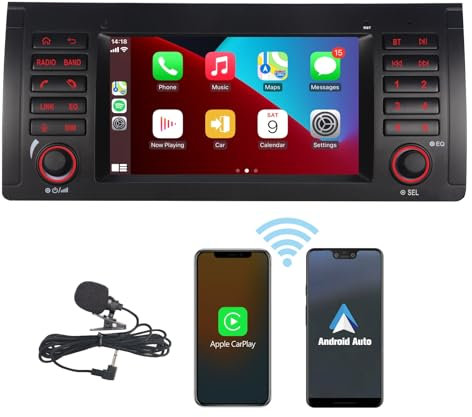 HLLECARMO BMW E39 Autoradio avec Wireless Carplay et Android Auto Écran Tactile 7 Pouces Mirror Link Bluetooth RDS AM/FM USB DSP Subw EQ SWC pour BMW E39 Série 5 1996-2003& X5