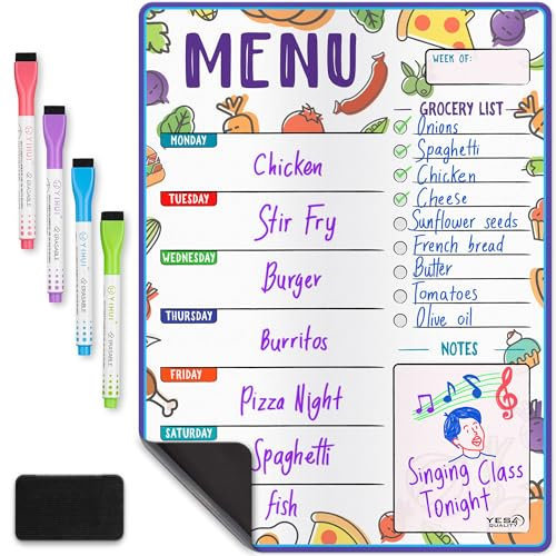 Magnetic Dry Erase Menu Board - A3 / 40x30 cm, Fruit - Weekly Meal Planner Whiteboard for Fridge - Use for Dinner Menus & Grocery Lists - Includes 4 Magnetic Markers & Eraser - by Yes4Quality