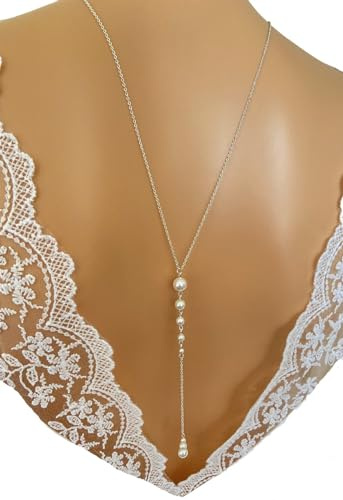 Collier de dos mariée, chaine fine et perles nacrées ivoire, collier mariée robe dos nu, collier avec pendentif de dos, bijoux de dos mariage