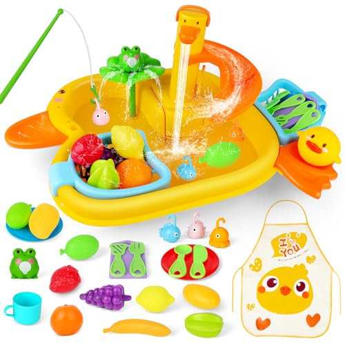 deAO Juguetes para Fregadero De Cocina con Grifo Eléctrico, Juguetes De Pesca Flotantes,Fregadero Juguete con Agua, Juguetes De Cocina Juegos De rol,Regalo para Niñas y Niños