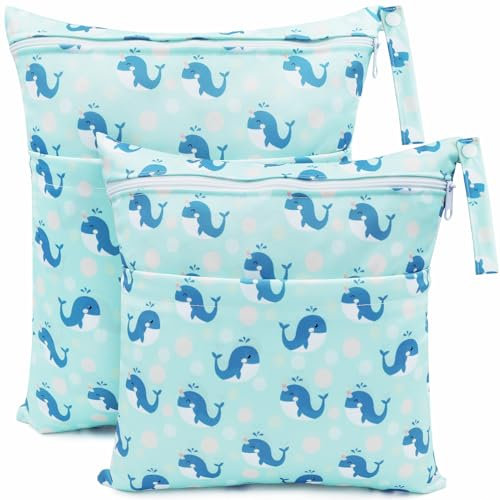 CHEESANHERR Bolsa de Pañales Impermeable,2 Pcs Wetbags de Tela con 2 Cremallera Portátil, Bolsa Muda Bebe, Organizador Reutilizable Lavable Guardería Colegio Viaje Playa Piscina Gym (Ballena Azul)