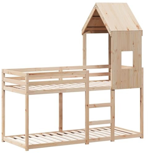 vidaXL Etagenbett, Hochbett mit Dach Leitplanken, Stockbett für Schlafzimmer, Bett Holzbett Einzelbett, 90x200cm Massivholz Kiefer