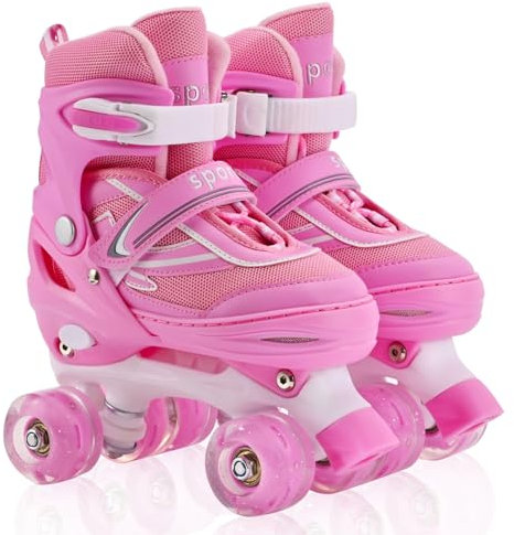 Kinder Rollschuhe für Mädchen, Jungen und Anfänger, 4 Größen Verstellbare Quad Skates, geeignet für den Innen- und Außenbereich (Rosa, L (38-41))