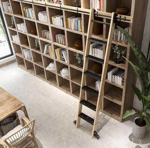 Kit di ferramenta a scala per biblioteca in acciaio nero, per casa, interni, soppalco, stile fienile, con ruote a rulli (300 cm)