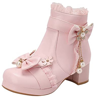 Generico Stivali Indianini Estivi Stivali Donna Dottor Stivali Corti con Tacco Spesso e con Fiocco in Pelle Tinta Unita alla da Donna Scarpe Stivaletti Donna Stivaletti Donna Estivi (Pink, 38)