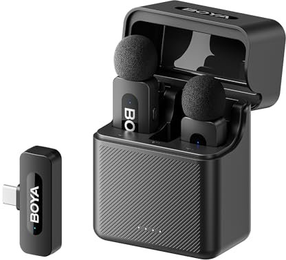 BOYA BY-V30 Wireless Lavalier Microphone for Android/iPhone 15/USB Type-C Clip Mini Mic, 36H Battery Life with Charging Case, Noise Canceling Clip on Lapel Microphone for Vlogging Video Recording