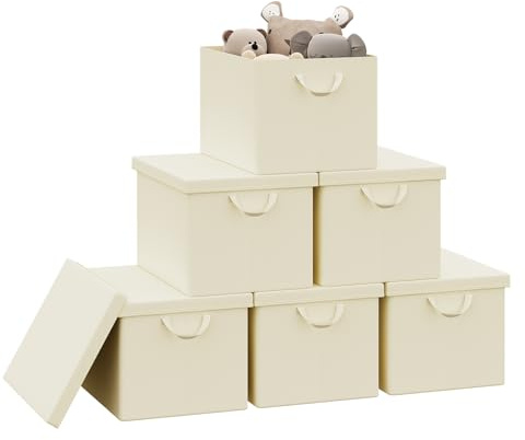 WOLTU Foldable Storage Boxes Set of 6, Fabric Storage Cubes with Metal Frame, Storage Baskets with Lid and Handles, Clothes Organisers for Wardrobe, Study, Children's Room, Bedroom, Cream, 48x36x30cm