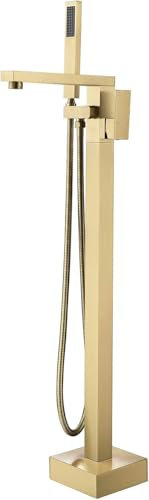 OLSKFUH Freistehender Badewannenhahn, Quadratischer Einhebel-Wasserfallauslauf, Wannenfüller, Badezimmerarmaturen Aus Messing, Bodenmontierte Dusche Mit Handbrause Und Brauseschlau,Brushed Gold