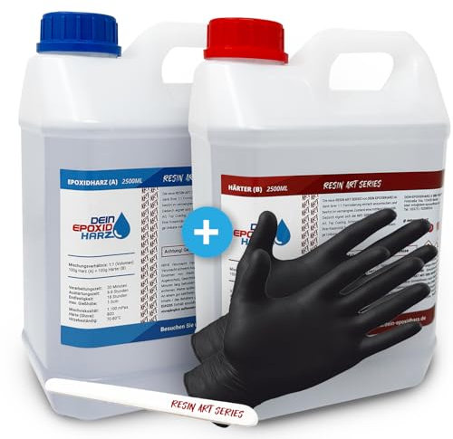 Epoxidharz mit Härter - RESIN ART | 1:1 Formel | 5000ml | Kristallklar, UV-Schutz, Mittelviskos | im Set mit Handschuhe + Rührstab