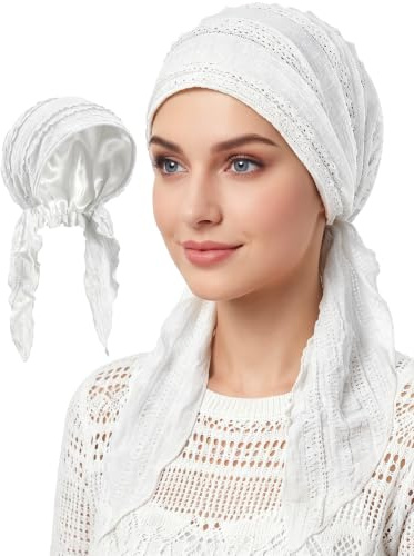 Babalet Slip-On Pre-Tied Beanie Women Headwear Turban Beanie Caps Head Wrap Headscarf for Women Sleep Hair Cover Hat Stretchy Lace Fabric