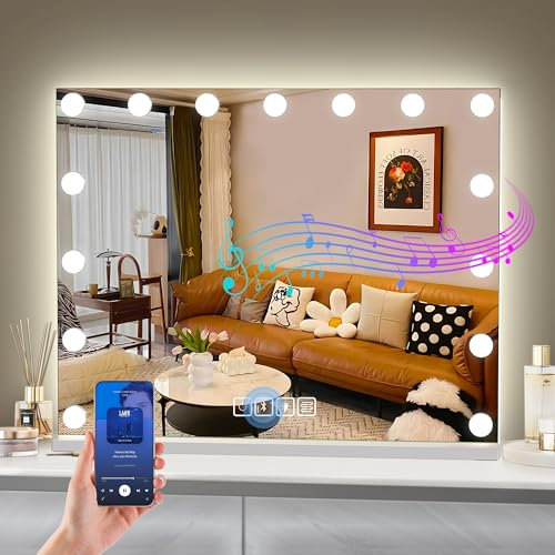 Hansong Bluetooth Hollwood Mirror with Lights, Dimmable, Backlit + Front Lit, Lighted Vanity Mirror for Wall, Memory Function, Tempered Glass