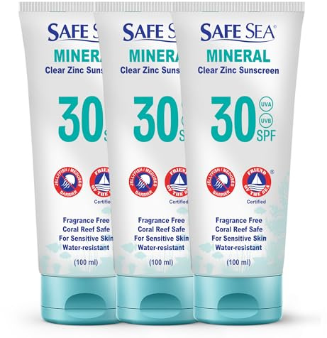 Safe Sea Zinc Oxide Sunscreen SPF30 | Clear Mineral Face And Body Sunscreen Without White Cast | Anti-Jellyfish Sting Protective Lotion | Travel Size - 100ml (3 Pack)