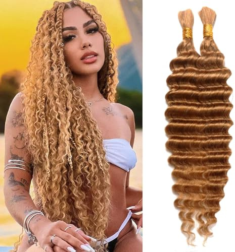 Deep Curly Human Braiding Hair for Boho Braids Honey Blonde Water Wave Bulk Human Hair for Micro Braiding Wet and Wavy Bundles Hair Extensions (27#, 18Inch 100g(50gx2Bundles))