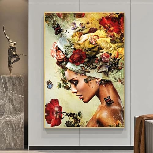 KEMEIQI Peinture sur toile moderne abstraite avec fleur et papillon pour femme, affiche et impression, art mural pour salon, décoration d'intérieur, 50 x 70 cm, sans cadre