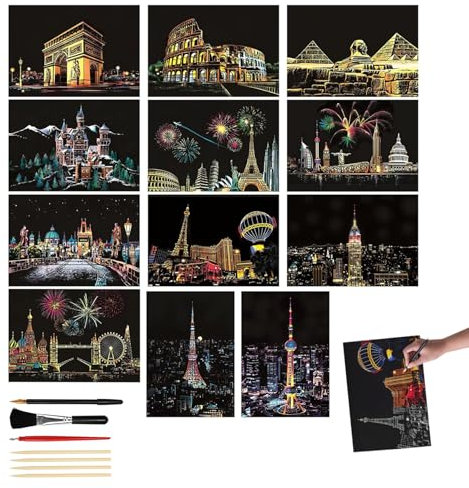 SZSMW Lot de 12 peintures à gratter - Scratch Art - Utilisé pour gribouiller, dessiner et peindre - Un excellent cadeau (livré avec 7 accessoires de dessin)