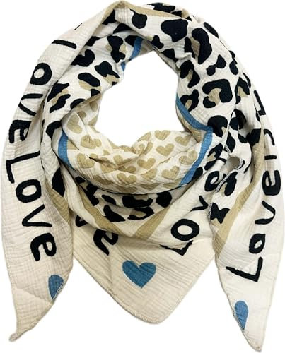 XL Dreieck Strickschal Herz Leopard Frühling Schal 100% Baumwolle Made in Italy Fashion Tuch Dreieckschal Stola Herbst Frühling Tuch Leo Love is Love Happy (Beige)