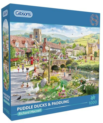 Gibsons Pfützen Enten & Paddling 1000 Teile Puzzle, Nostalgisches schönes buntes Kunstwerk, nachhaltiges Puzzle für Erwachsene, Teenager, hochwertiges 100% recyceltes Brett, tolles Geschenk, Gibsons