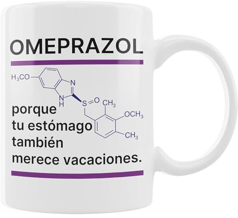 Taza Divertida Omeprazol – Taza de Café Graciosa con Frase Chistosa – Regalo Original para Comilones, Amigos, Médicos, Hipocondríacos, Familia, Oficina – Porque Tu Estómago También Merece Vacaciones