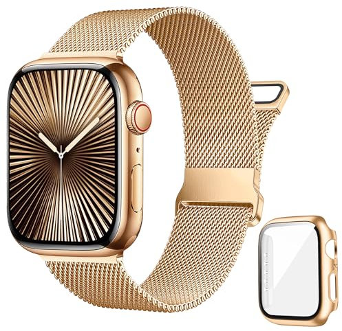 Vamyzji Compatible with Apple Watch Strap and Case Series 10 42mm Protective Case with Screen Protector, Adjustable Magnetic Milanese Mesh Metal Strap for 42mm Apple Watch Series 10 Rose Gold