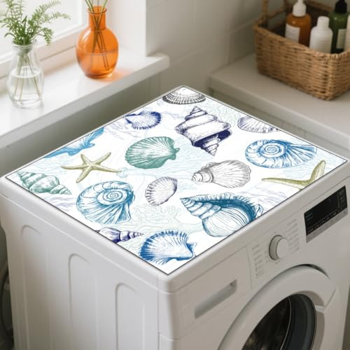 GLOBLELAND Shell Pattern Washing Machine Dust Cover Top Mat 23.6x23.6 Marine Elements Washer Dryer Dust Cover Mat Corals Starfish Rubber Washing Machine Pad for Washer Dryer Kitchen Laundry