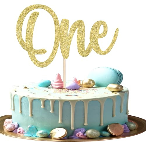 1 Stück One Cake Topper Glitzer Erster Geburtstag Tortendeko Eine Kuchen Deko für Baby Dusche Jungen Mädchen Kinder 1. Geburtstag Party Kuchen Dekorationen Gold