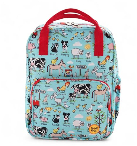Tyrrell Katz Farm Printed Backpack in Blue - Double Zip Kids School Rucksack with Bottle Pocket, Twin Handles & Adjustable Straps · Fits A4 Books · Made from Recycled Polyester