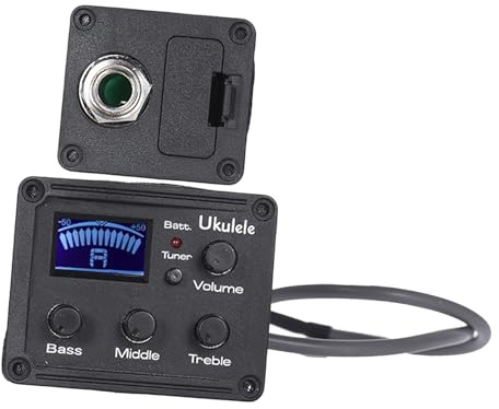 Ukulele 3-band Piezo Tonabnehmer mit Lcd Display, Equalizer, Schwarz | Vorverstärker für Ukulele und Gitarre, Kunststoffgehäuse, Drei Regler, Batteriestatusanzeige
