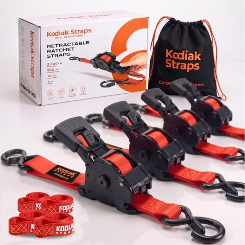 KODIAK STRAPS Automatik Spanngurte 25mm 3m mit S Haken | 800KG Selbstaufrollend Spanngurte mit Ratsche | Zurrgurte mit Ratsche für LKW Anhänger, Motorrad, Fahrrad | Rot - 4 Stück