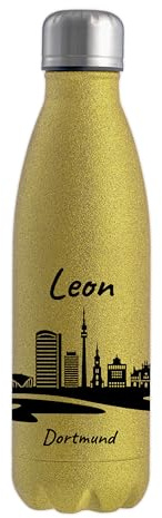 Gravur-Max Glitzer Trinkflasche 500 ml personalisiert – Edelstahl Trinkflasche mit funkelnder Oberfläche – bedruckt mit der Skyline von Dortmund - auslaufsicher, BPA-frei & mit Namen bedruckt - Gold