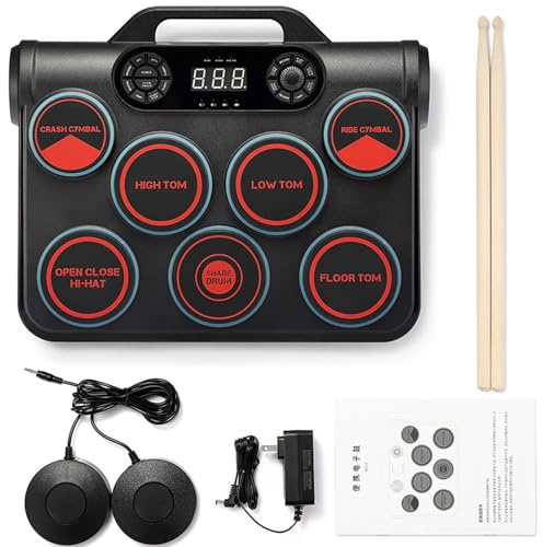 7-Pad Electronic Drum Set, Portable Tabletop/Electric Drum Kit with Built-in Speakers, LED Display, PC/MIDI Connection & Headphone Jack, for Adults, Teens & Kids Beginners