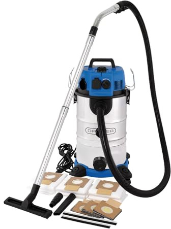 Draper 230V M-Class Industrial Wet & Dry Vacuum Cleaner & Dust Extractor - 35l with Power Take-Off -1500W High Suction - Anti-Static Hose, Auto Filter Clean & LED Airflow Indicator