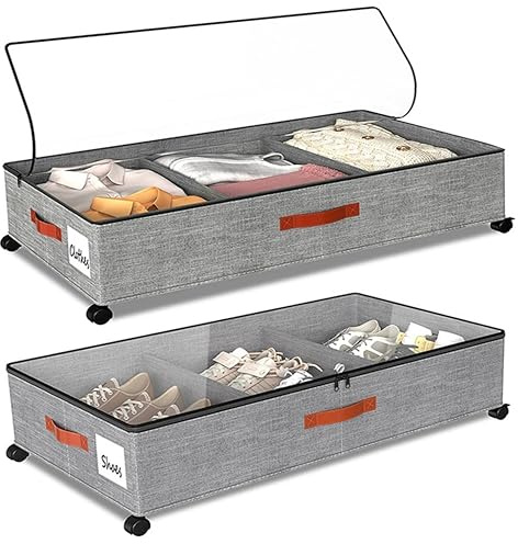 SPEEDEVE 2 Stück Unterbett Aufbewahrungsbox 50L Unterbettkommode mit Rollen & Verstellbar Trennwand Bettkasten Organizer Unterbettbox für Kleidung Schuhe Decken Bettwäsche,Grau-stil 2,2er-Pack