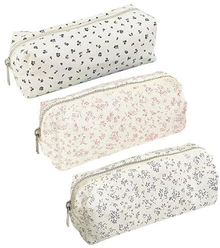 Vmoomax Federmäppchen mit Blumenmuster, 3 Stück, niedliches Stoff-Federmäppchen, rosa und blau, für Mädchen, große Kapazität, Make-up-Tasche, tragbares Studentenpapier