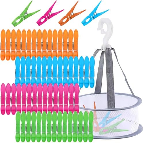 Mauepersu Wäscheklammern 60 Stück mit Korb, Bunte Plastik | Windfeste Ohne Abdruck, Bunte Klammern,Plastik Wäscheklammer Korb für Wäscheleinen, Kleidung, Socken und Camping