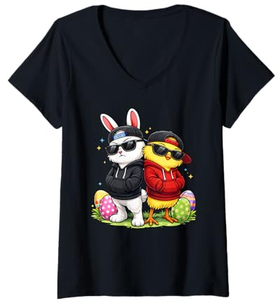 Damen Bunny Chick mit Hoodies Sonnenbrille Cap Ostern Tag für Jungen T-Shirt mit V-Ausschnitt