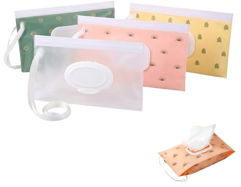 4 Pack Portable Wet Wipes Pouch, Refillable Baby Wipes Dispenser with Loop, Reusable Waterproof Wipe Holder for Diaper Bag, Stroller, Travel, Outdoor & Camping